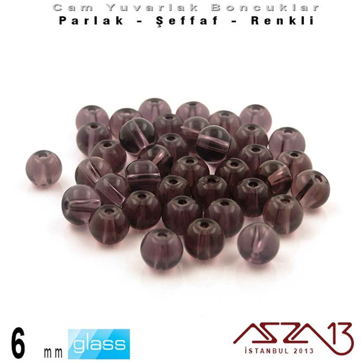 Yuvarlak - 6 mm - Ametis - Şeffaf - Parlak Yüzey - Cam Boncuk / 40 Adet