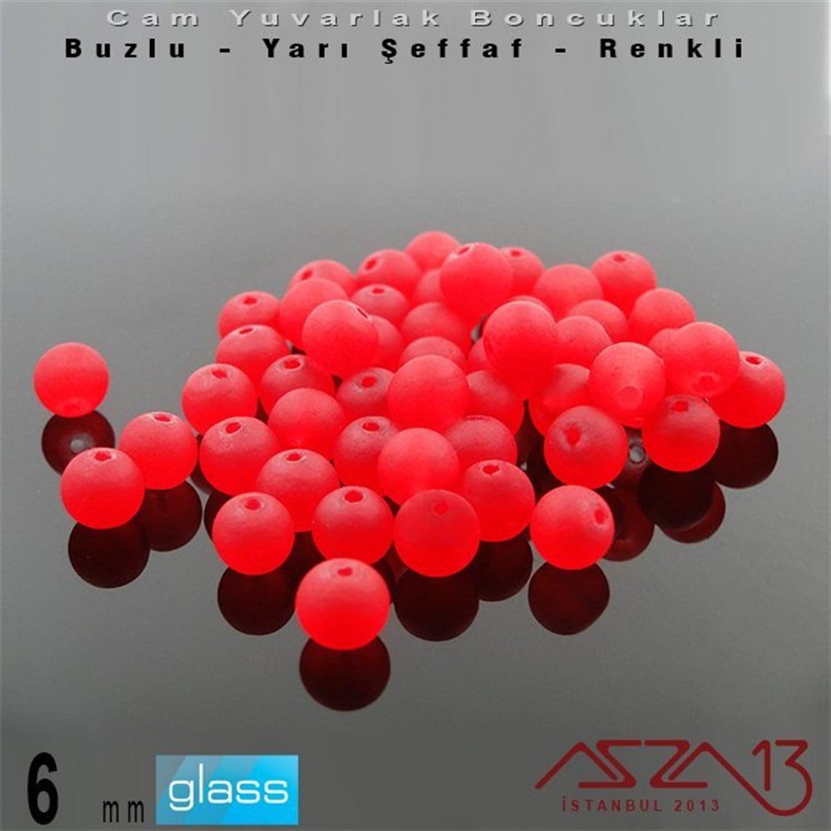 Yuvarlak - 6 mm - Neon Vişne - Yarı Şeffaf - Buzlu Yüzey - Cam Boncuk / 40 Adet