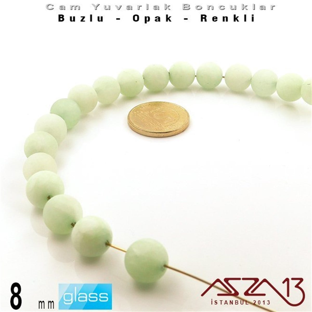 Yuvarlak - 8 mm - Neon Çağla Yeşili - Opak - Buzlu Yüzey - Cam Boncuk / 30 Adet