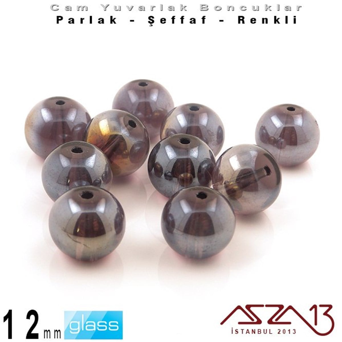 Yuvarlak - 12 mm - Janjanlı Hematit - Şeffaf - Parlak Yüzey - Cam Boncuk / 10 Adet