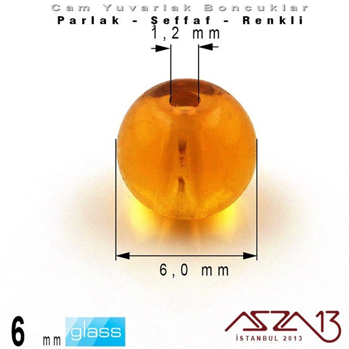 Yuvarlak - 6 mm - Topaz - Şeffaf - Parlak Yüzey - Cam Boncuk / 40 Adet