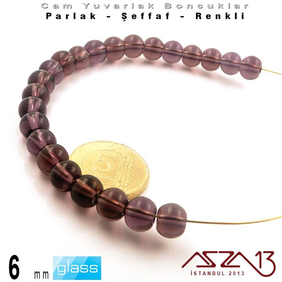 Yuvarlak - 6 mm - Ametis - Şeffaf - Parlak Yüzey - Cam Boncuk / 40 Adet