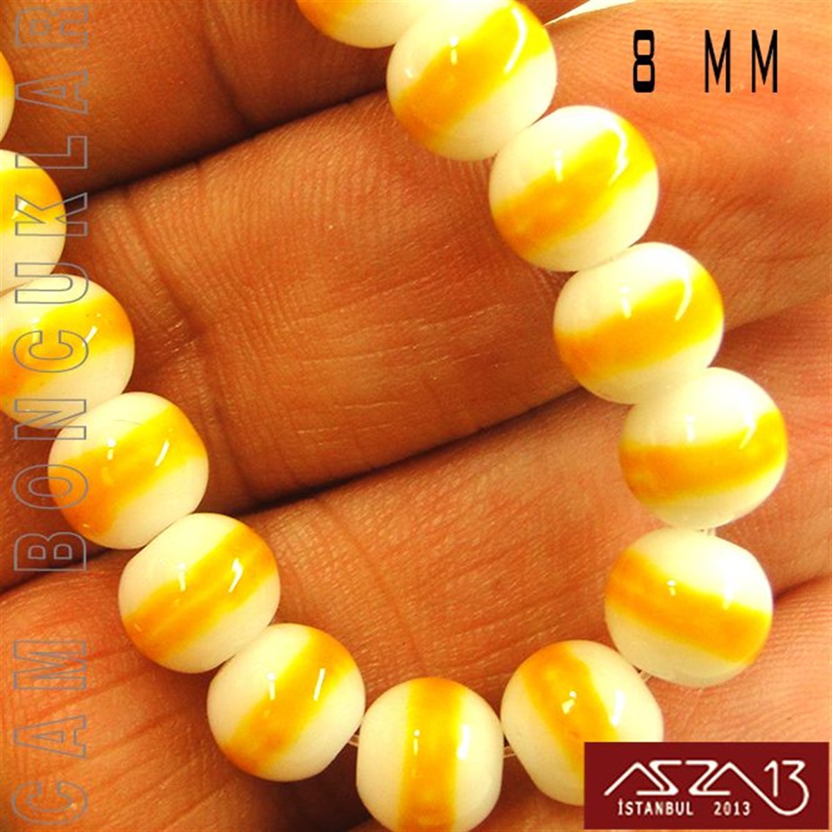 Yuvarlak 8 mm, Sarı Halkalı Beyaz Cam Boncuk / Paket İçeriği 50 Adet
