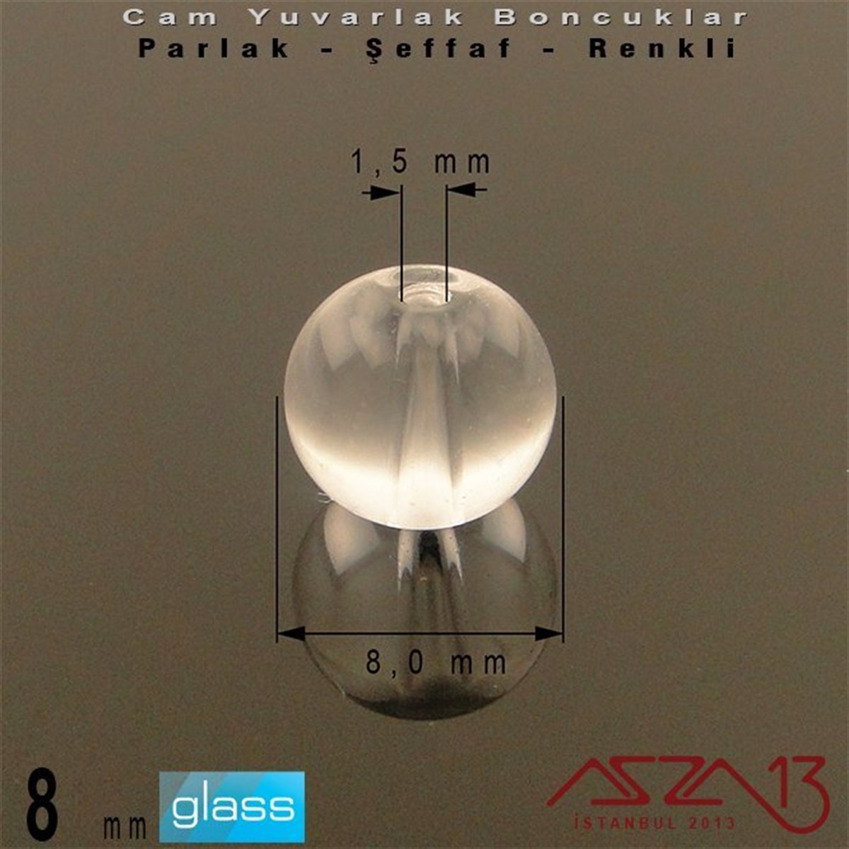 Yuvarlak - 8 mm - Beyaz - Şeffaf - Parlak Yüzey - Cam Boncuk / 30 Adet