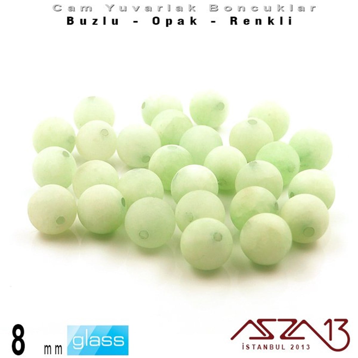 Yuvarlak - 8 mm - Neon Çağla Yeşili - Opak - Buzlu Yüzey - Cam Boncuk / 30 Adet