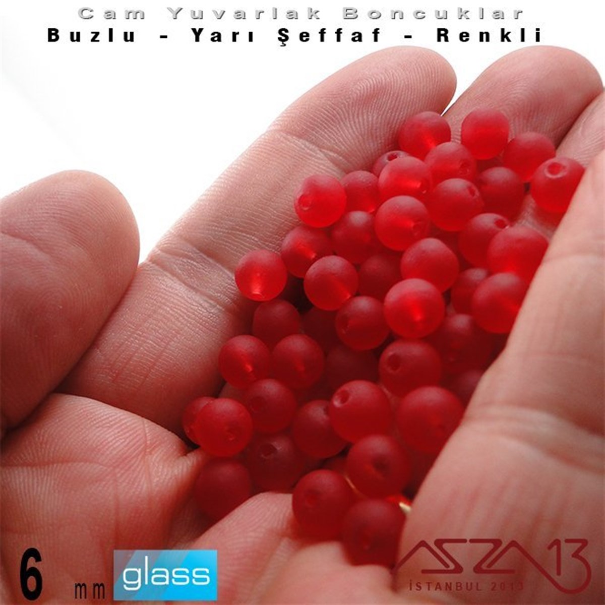Yuvarlak - 6 mm - Neon Vişne - Yarı Şeffaf - Buzlu Yüzey - Cam Boncuk / 40 Adet