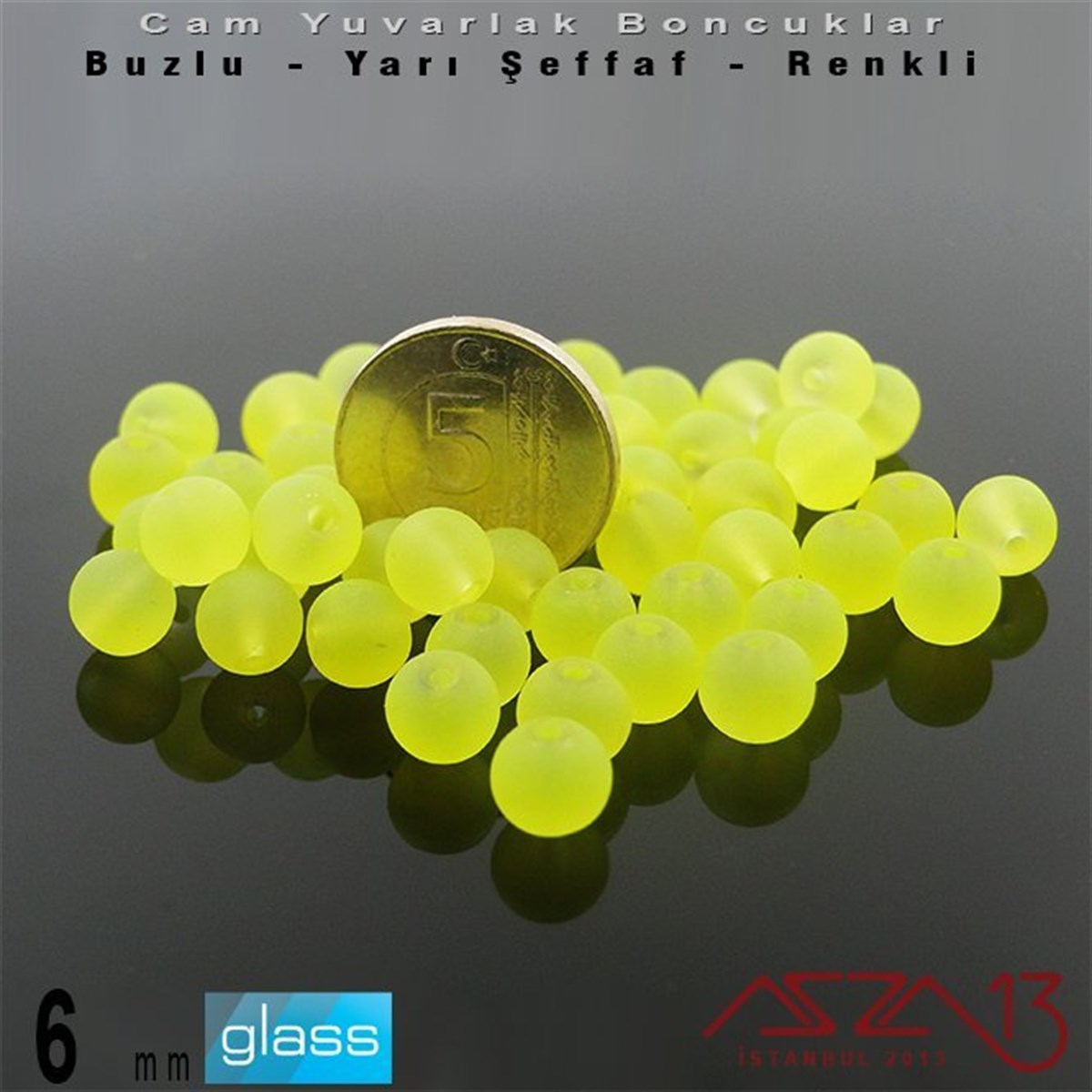 Yuvarlak - 6 mm - Neon Sarı - Yarı Şeffaf - Buzlu Yüzey - Cam Boncuk / 40 Adet