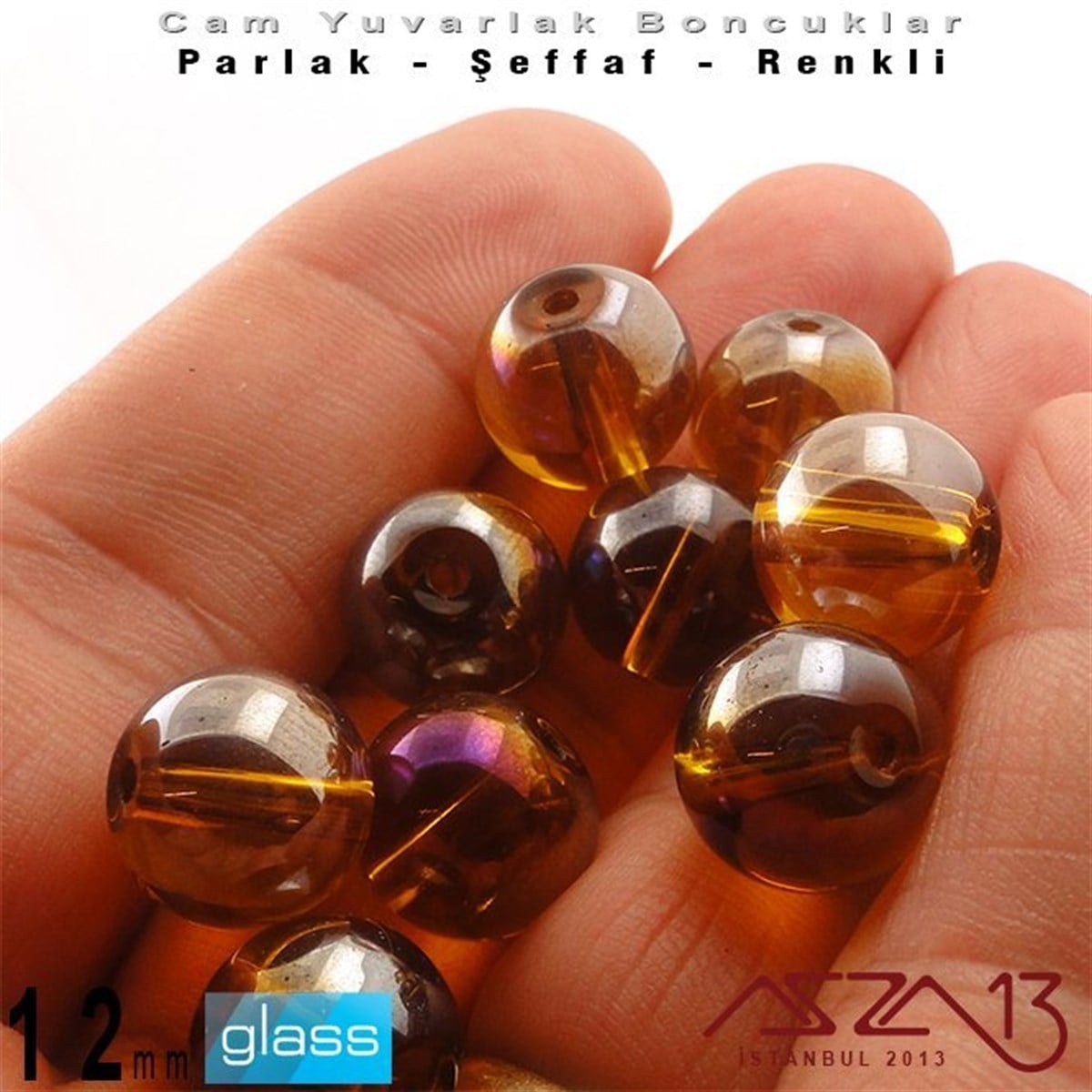 Yuvarlak - 12 mm - Janjanlı Turuncu_Gri - Şeffaf - Parlak Yüzey - Cam Boncuk / 10 Adet
