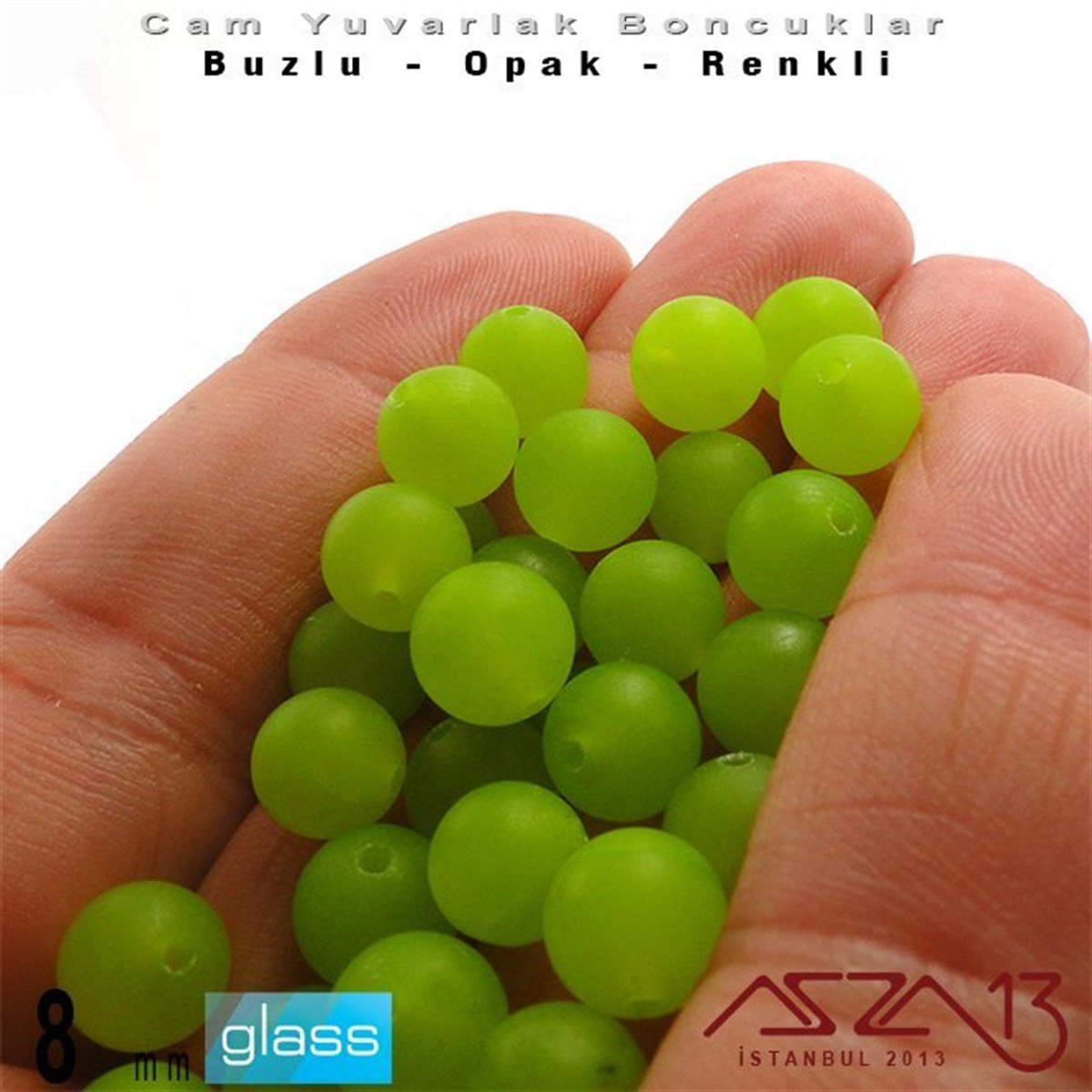 Yuvarlak - 8 mm - Neon Yeşil - Opak - Buzlu Yüzey - Cam Boncuk / 30 Adet