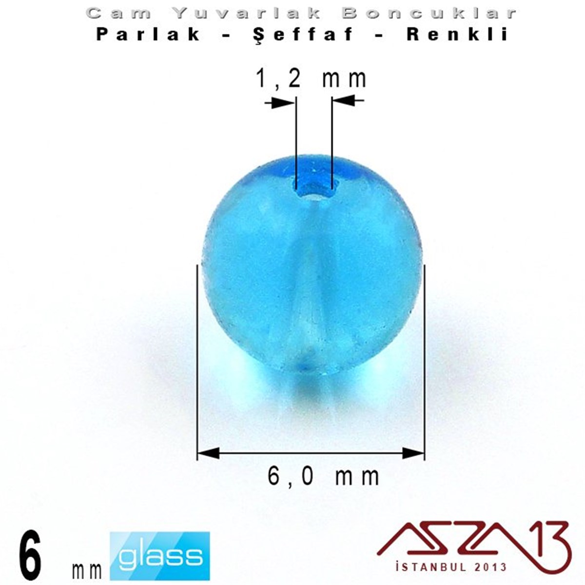 Yuvarlak - 6 mm - Turkuaz - Şeffaf - Parlak Yüzey - Cam Boncuk / 40 Adet