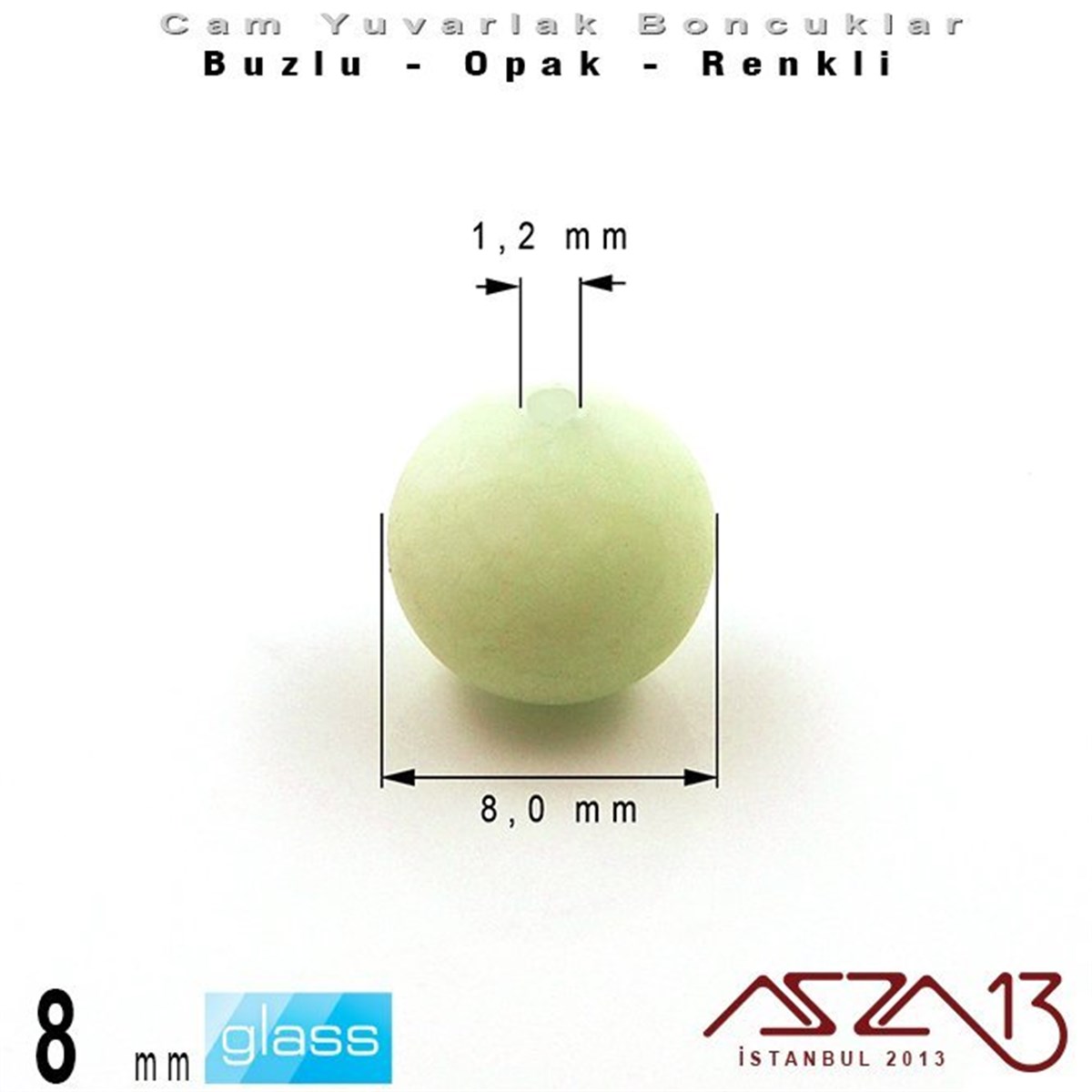 Yuvarlak - 8 mm - Neon Çağla Yeşili - Opak - Buzlu Yüzey - Cam Boncuk / 30 Adet