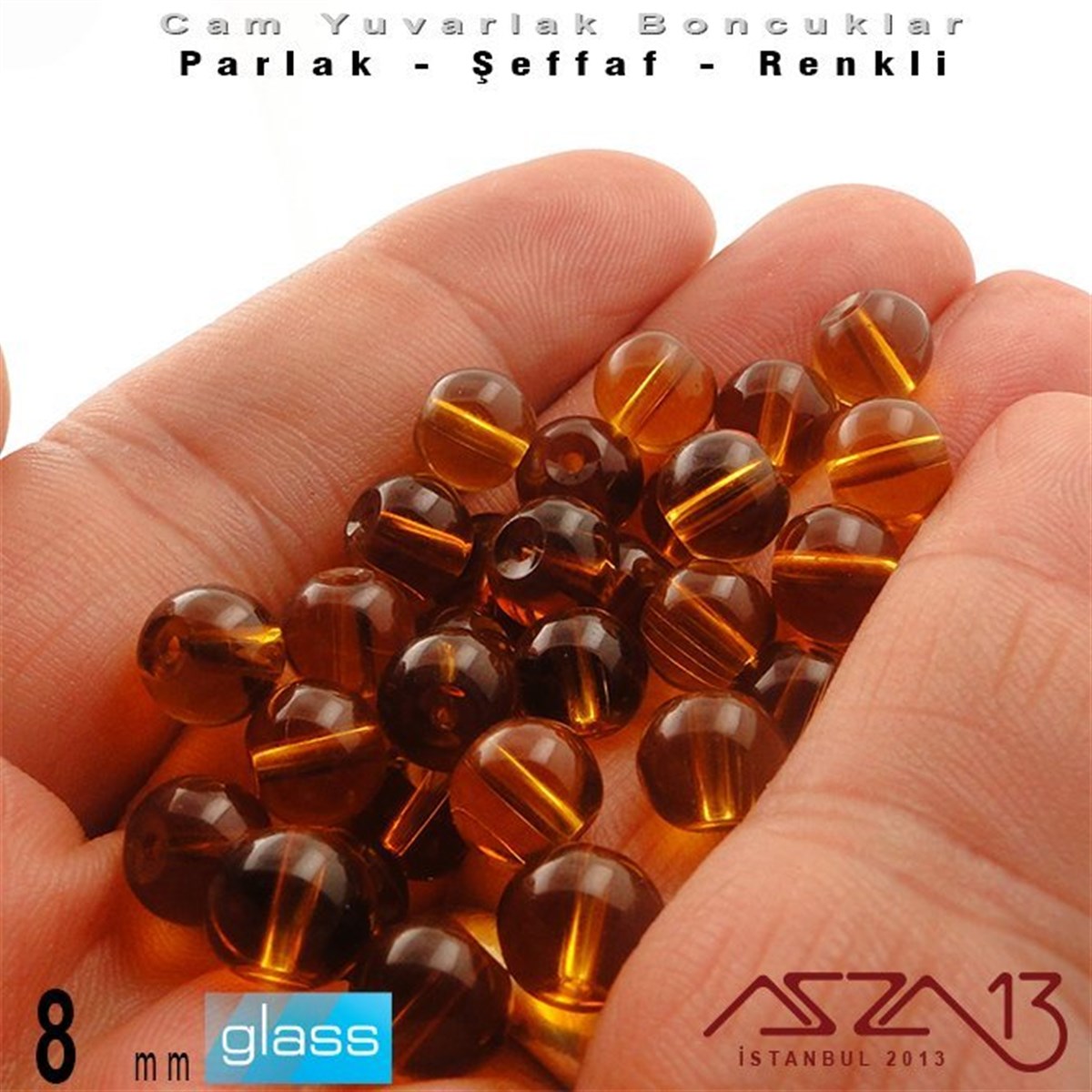 Yuvarlak - 8 mm - Topaz - Şeffaf - Parlak Yüzey - Cam Boncuk / 30 Adet