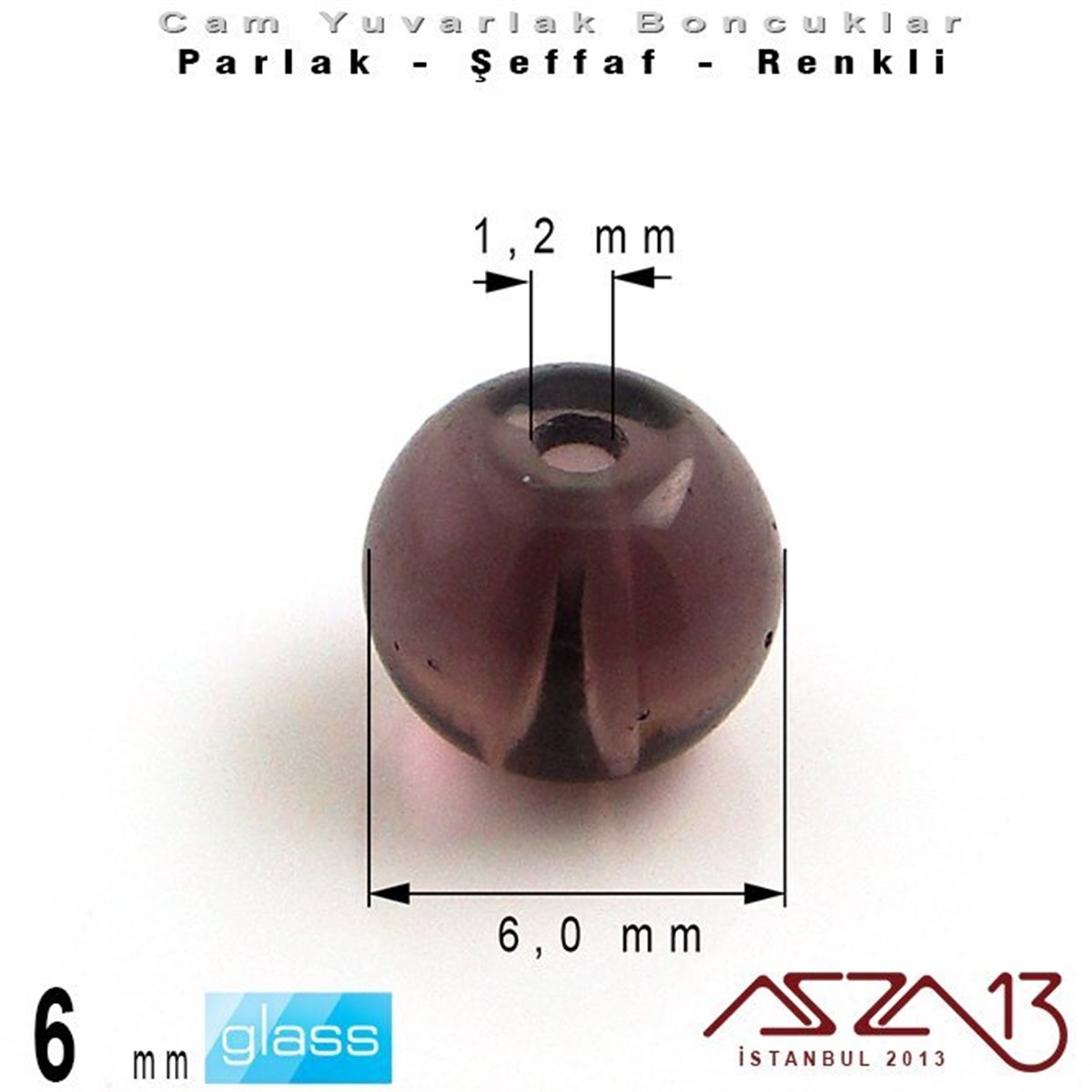 Yuvarlak - 6 mm - Ametis - Şeffaf - Parlak Yüzey - Cam Boncuk / 40 Adet