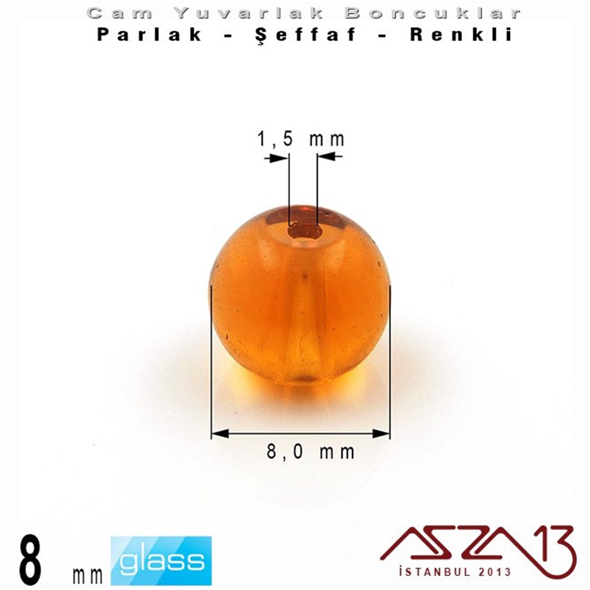Yuvarlak - 8 mm - Topaz - Şeffaf - Parlak Yüzey - Cam Boncuk / 30 Adet