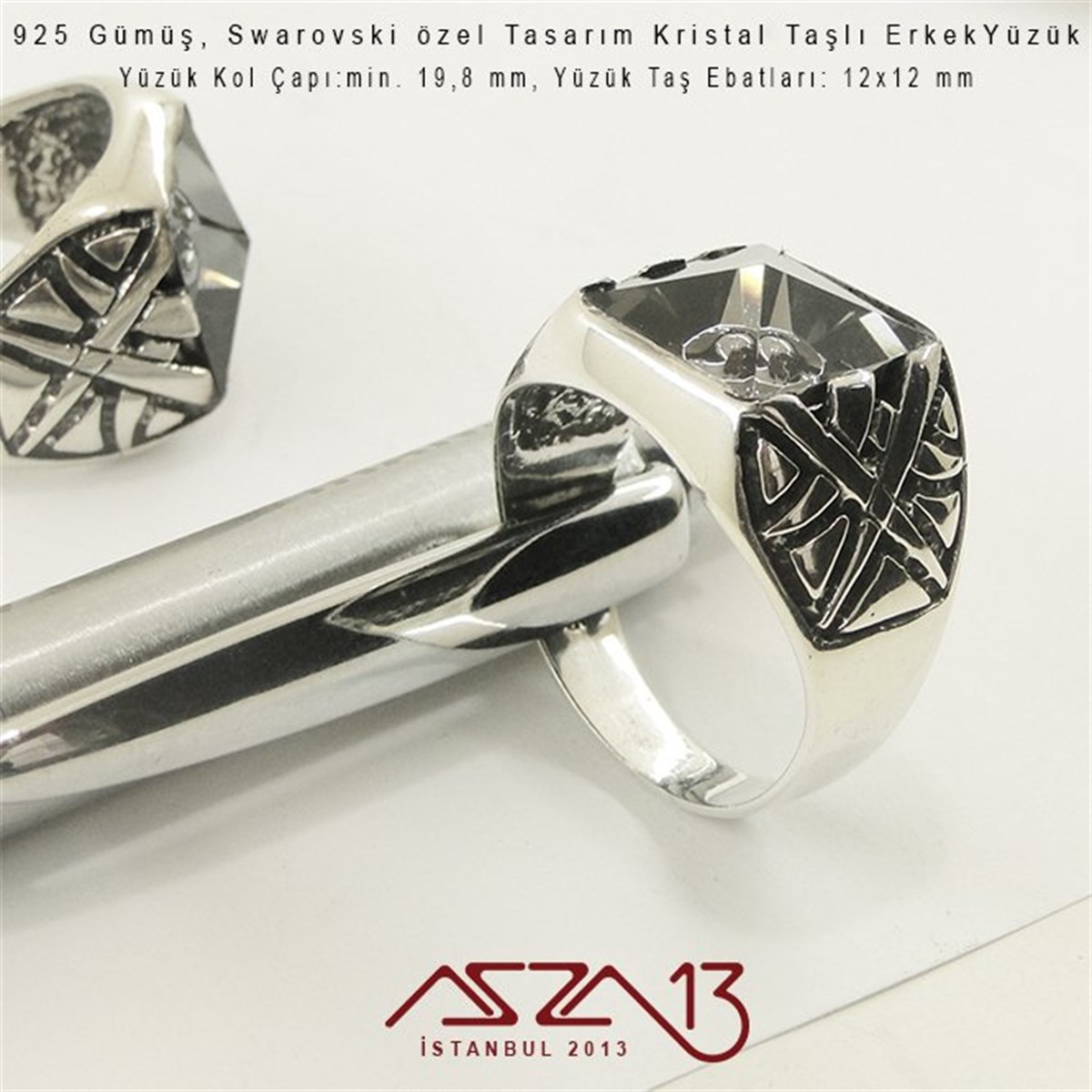 925 Gümüş, Swarovski Özel Tasarım Kristal Taşlı Erkek Yüzük / 19,8 mm