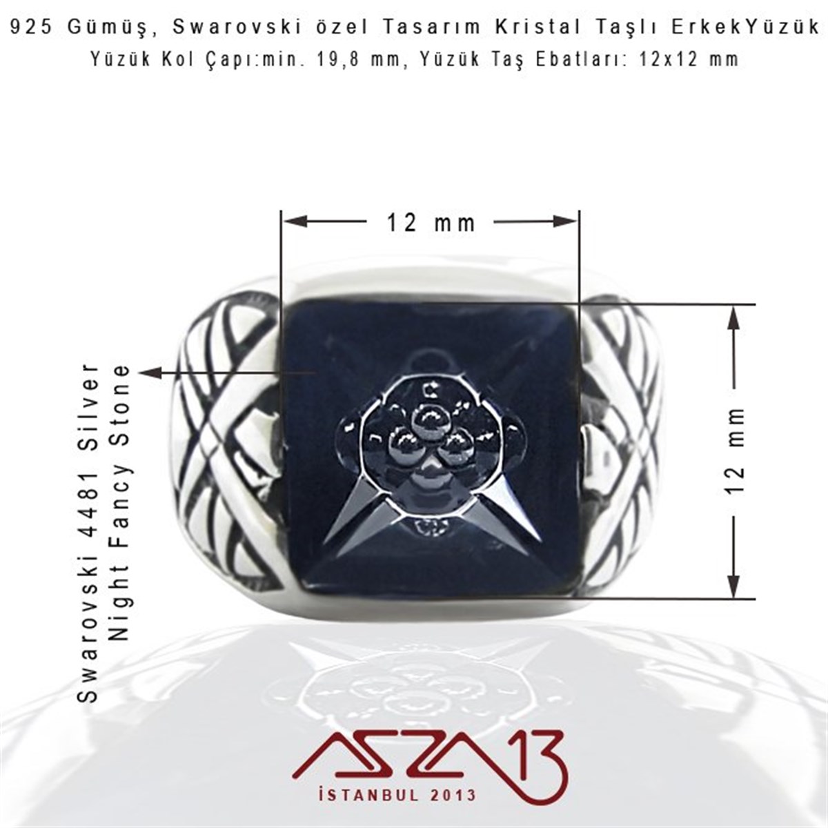 925 Gümüş, Swarovski Özel Tasarım Kristal Taşlı Erkek Yüzük / 19,8 mm