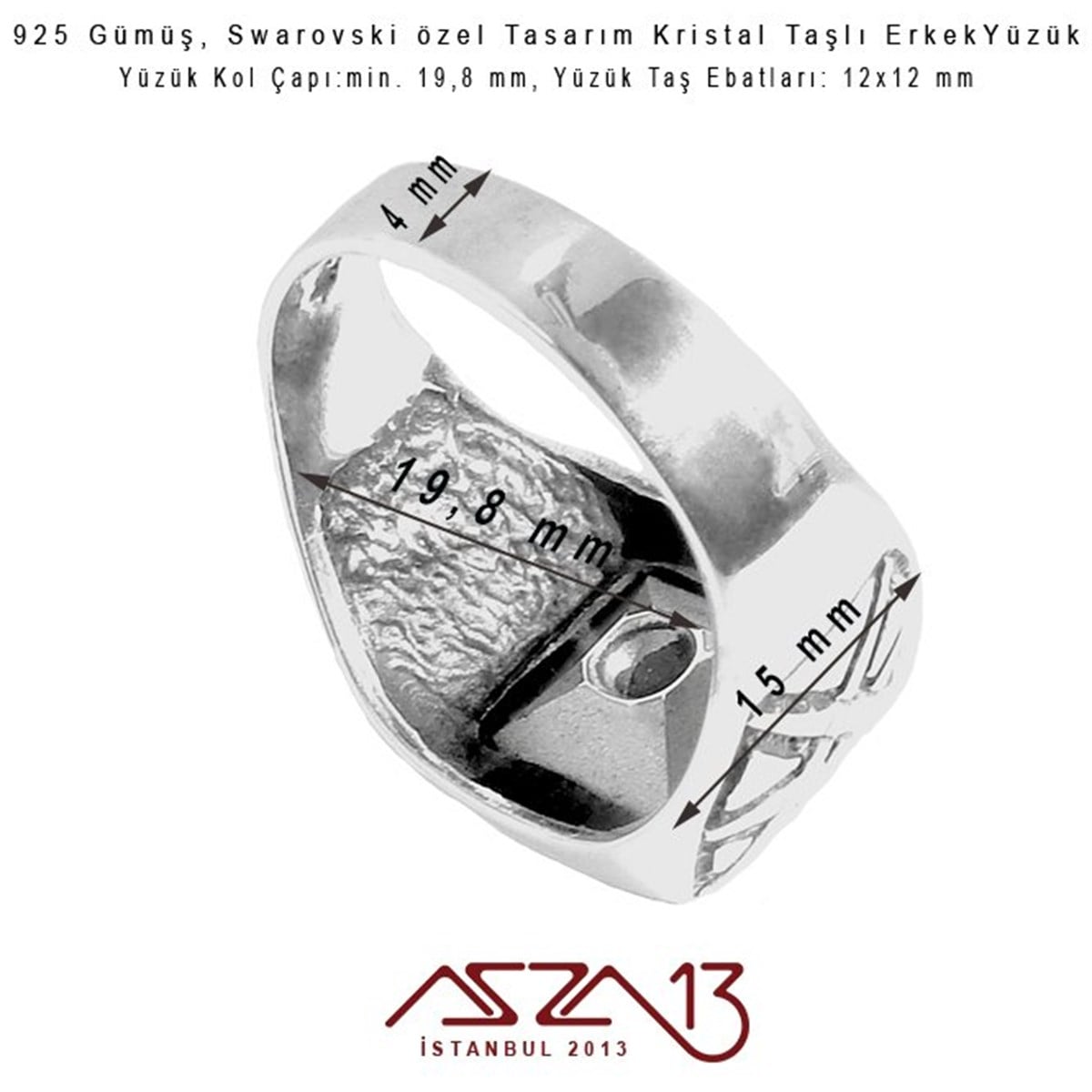 925 Gümüş, Swarovski Özel Tasarım Kristal Taşlı Erkek Yüzük / 19,8 mm