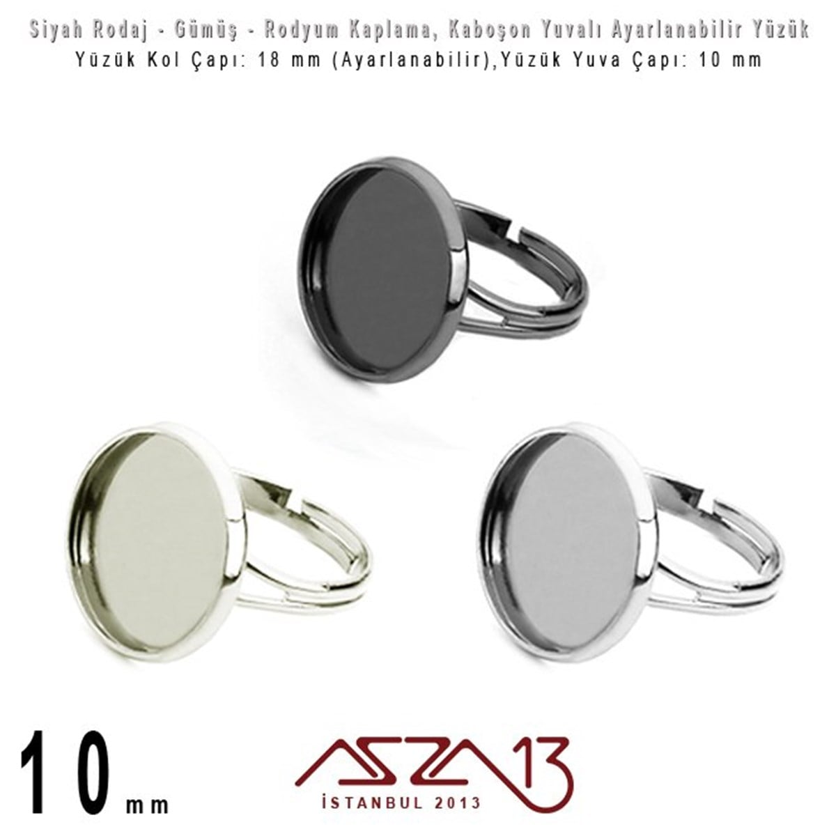 Rodyum, Gümüş ve Siyah Rodaj Kaplamalı - Ayarlanabilir Kollu - 10 mm Kaboşon Yuvalı Yüzük