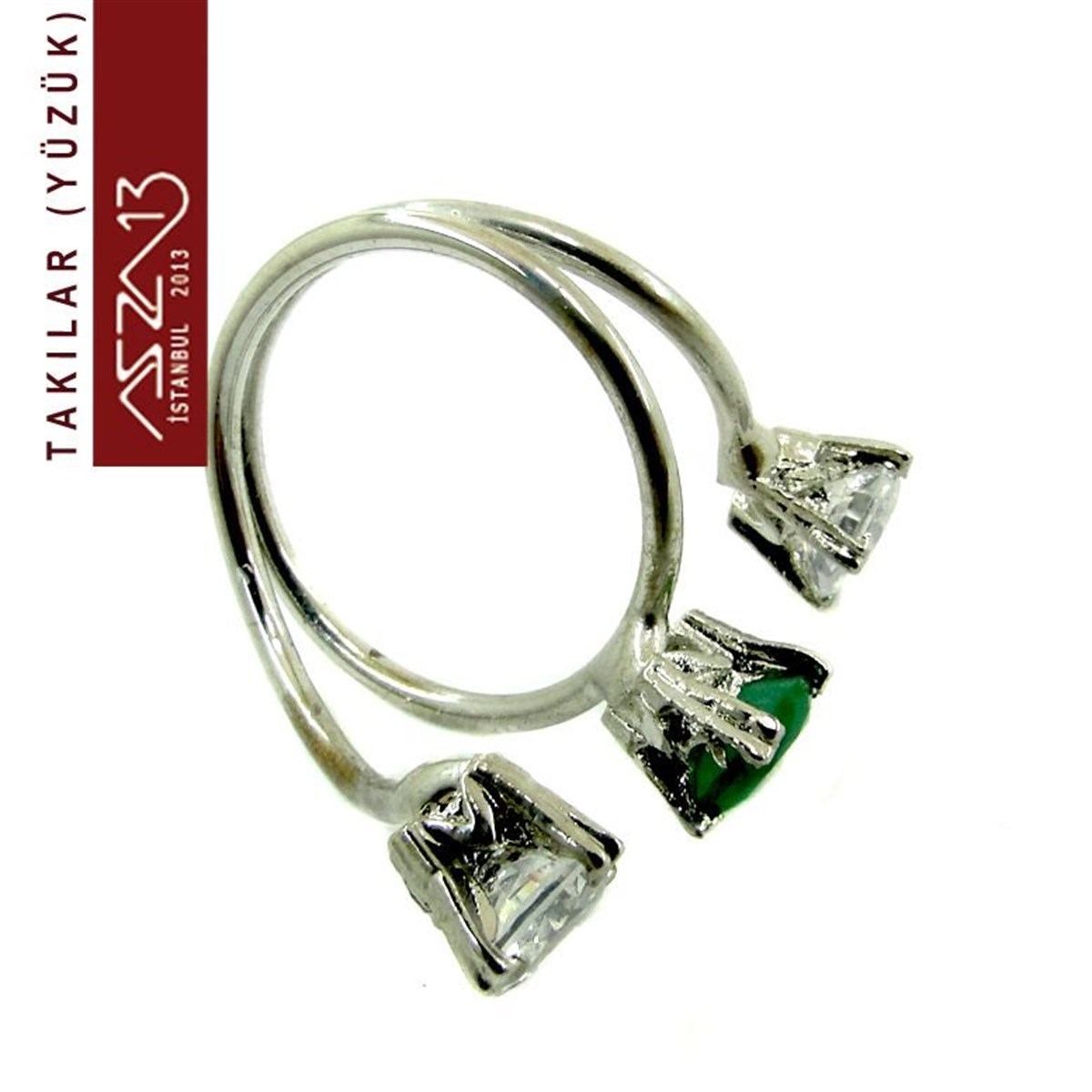 Emerald ve Zirkon Üç Taşlı Çelik Yüzük