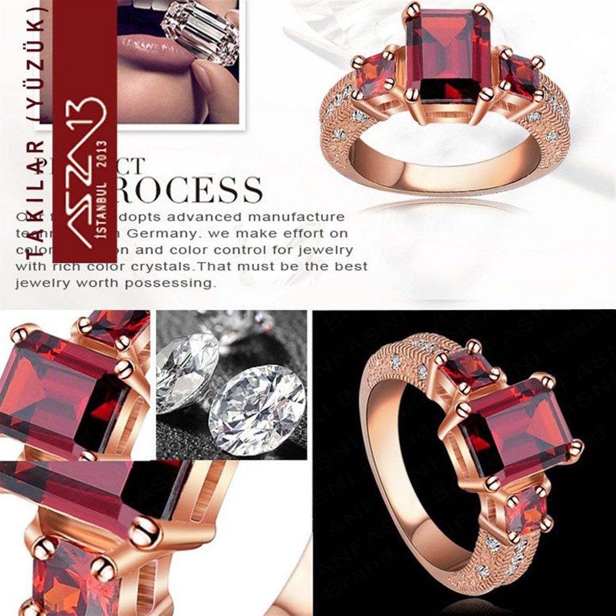 Rose Gold Kaplama Kristal Garnet Taşlı Yüzük