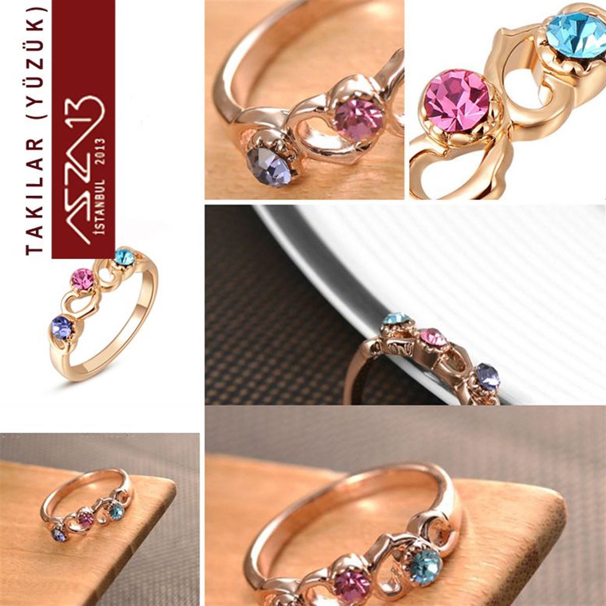 Rose Gold Kaplama Kristal Renkli Taşlı Yüzük