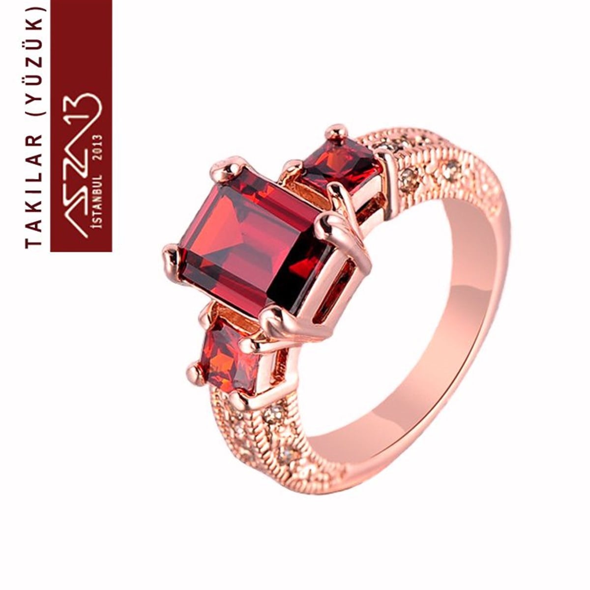 Rose Gold Kaplama Kristal Garnet Taşlı Yüzük
