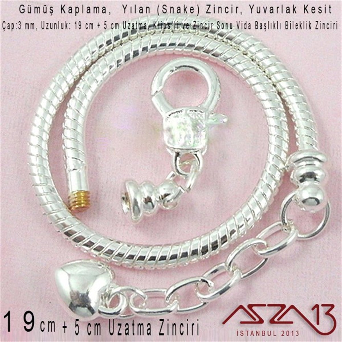 Gümüş Kaplama 19+3 cm - 3,0 mm Pirinç Yuvarlak Yılan Tip, Klipsli Bileklik Zinciri