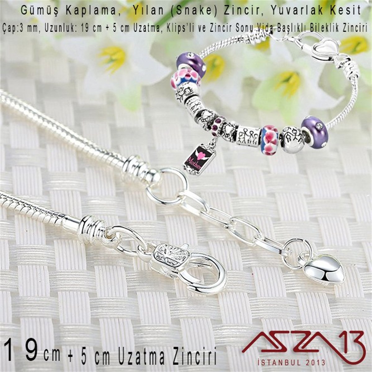 Gümüş Kaplama 19+3 cm - 3,0 mm Pirinç Yuvarlak Yılan Tip, Klipsli Bileklik Zinciri