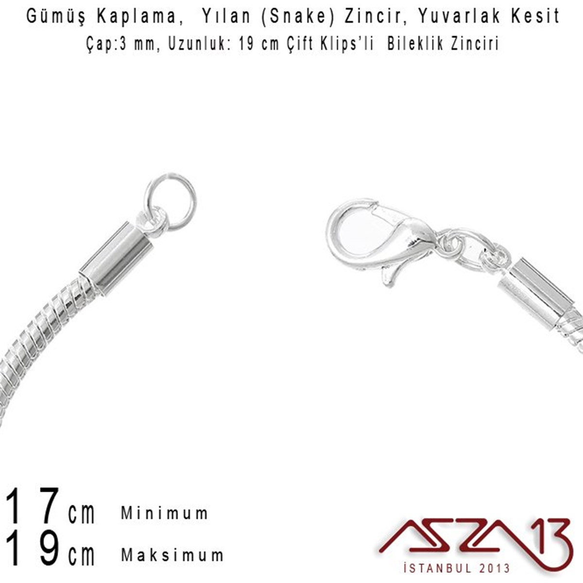 Gümüş Kaplama 19 cm - 3,0 mm Pirinç Yuvarlak Yılan Tip, Çift Klipsli Bileklik Zinciri