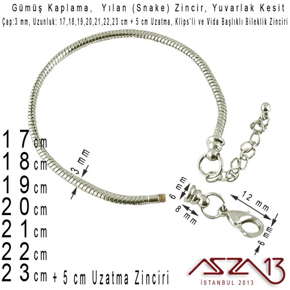 Gümüş Kaplama 17+5 cm - 3,0 mm Pirinç Yuvarlak Yılan Tip, Klipsli Bileklik Zinciri