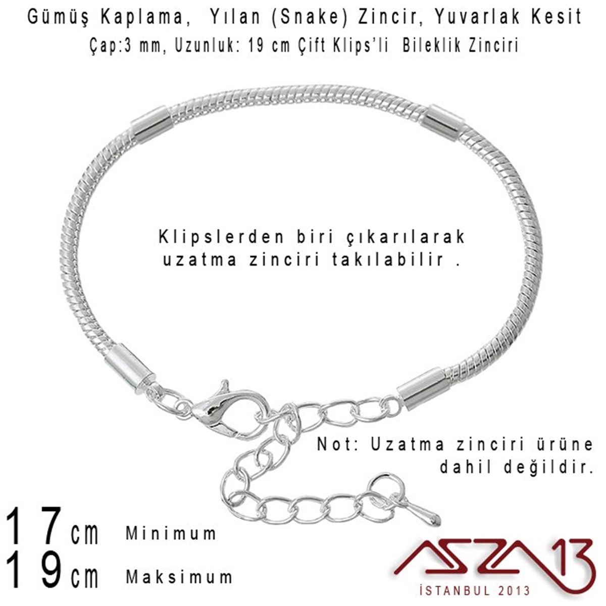 Gümüş Kaplama 19 cm - 3,0 mm Pirinç Yuvarlak Yılan Tip, Çift Klipsli Bileklik Zinciri