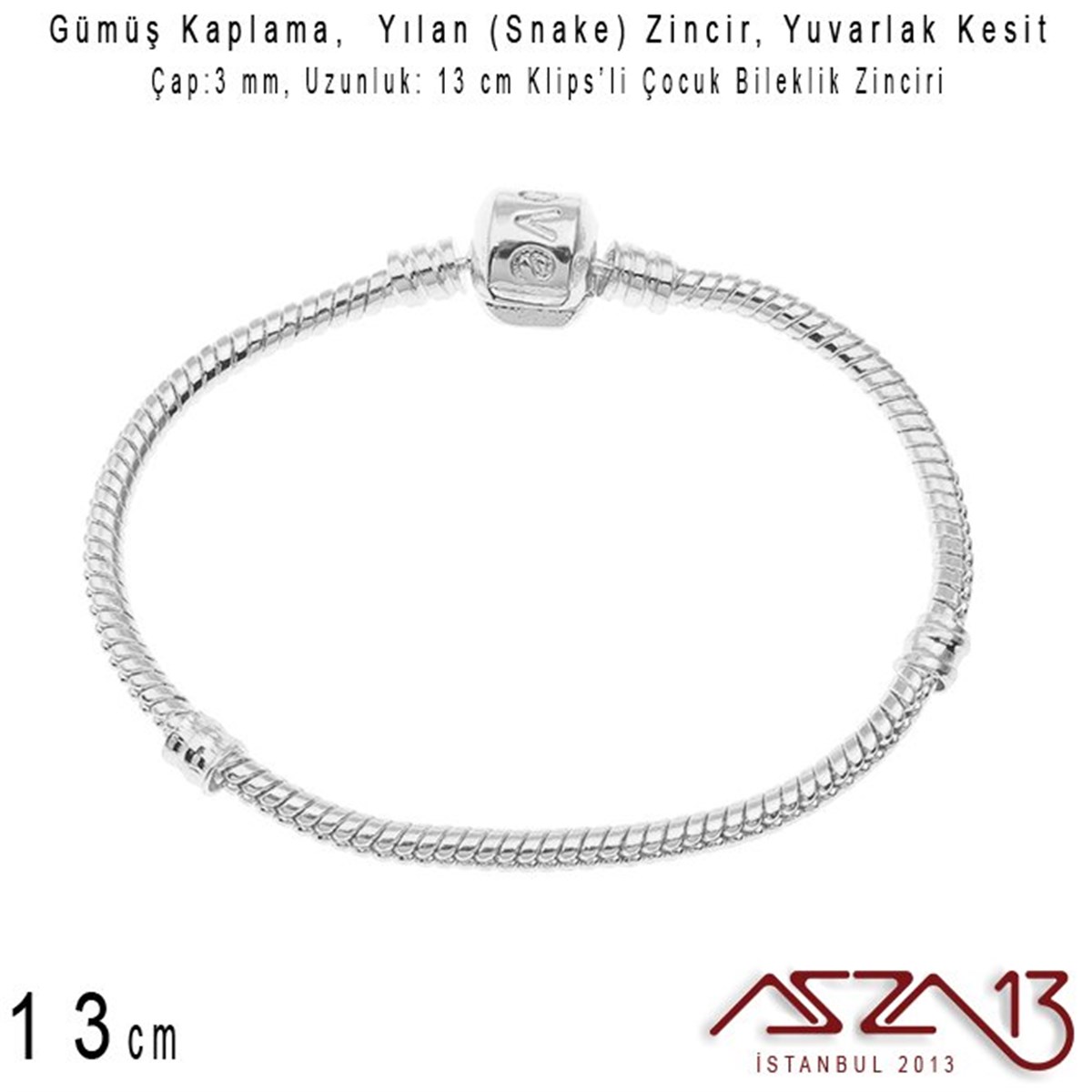 Gümüş Kaplama 13cm - 3,0 mm Pirinç Yuvarlak Yılan Tip, Klipsli Çocuk Boy Bileklik Zinciri