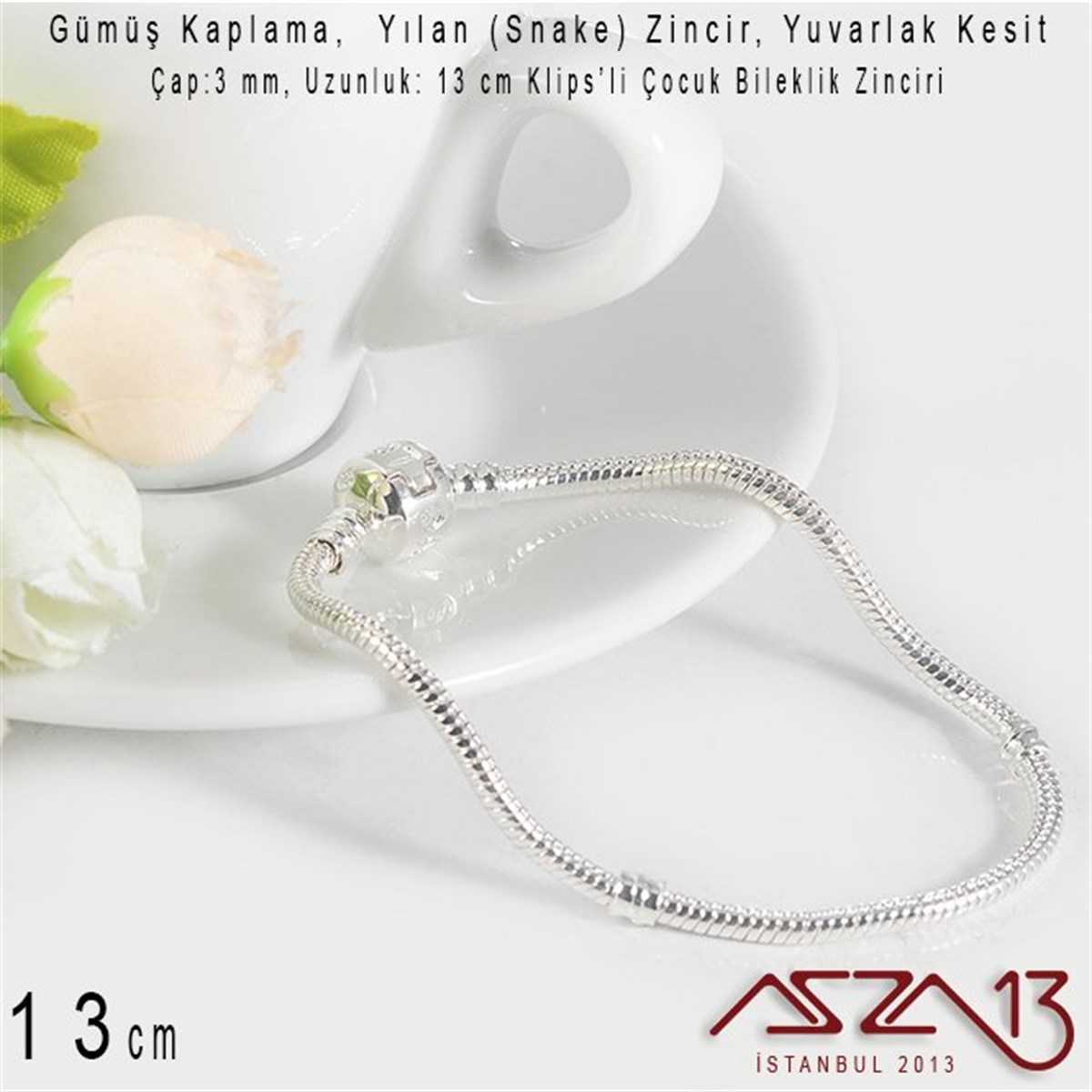 Gümüş Kaplama 13cm - 3,0 mm Pirinç Yuvarlak Yılan Tip, Klipsli Çocuk Boy Bileklik Zinciri