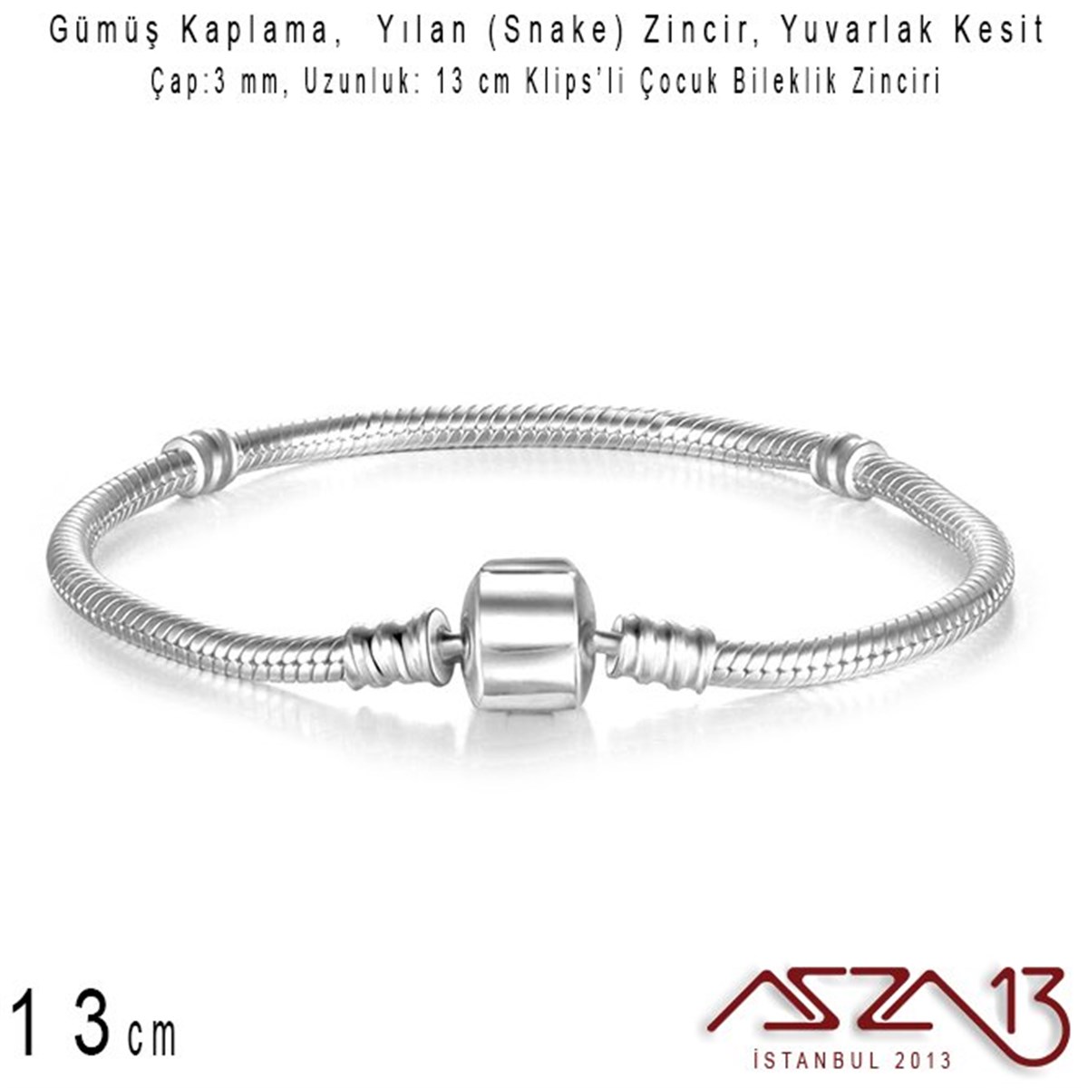 Gümüş Kaplama 13cm - 3,0 mm Pirinç Yuvarlak Yılan Tip, Klipsli Çocuk Boy Bileklik Zinciri