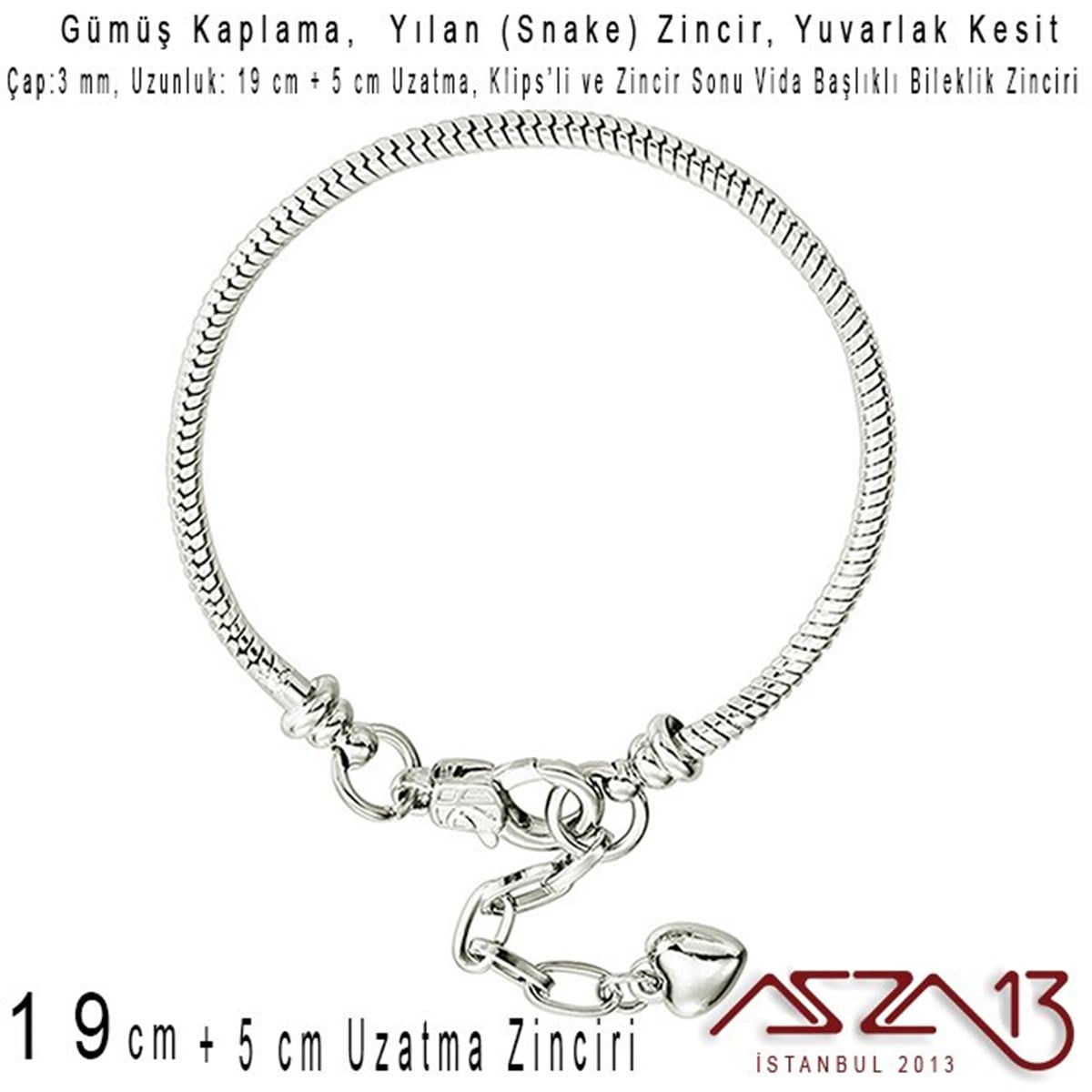 Gümüş Kaplama 19+3 cm - 3,0 mm Pirinç Yuvarlak Yılan Tip, Klipsli Bileklik Zinciri