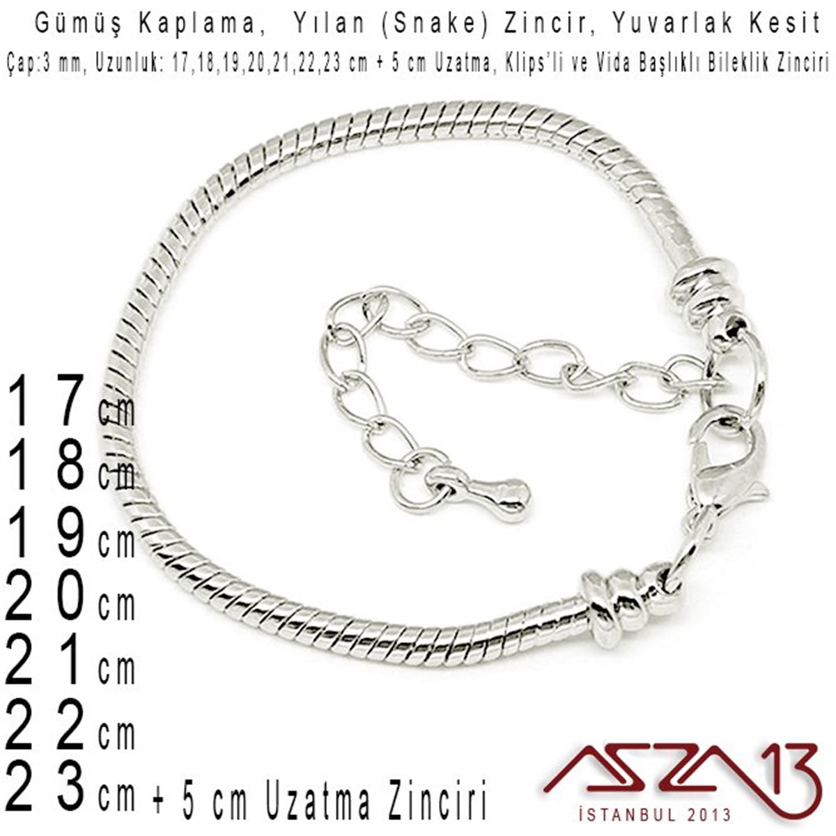 Gümüş Kaplama 17+5 cm - 3,0 mm Pirinç Yuvarlak Yılan Tip, Klipsli Bileklik Zinciri