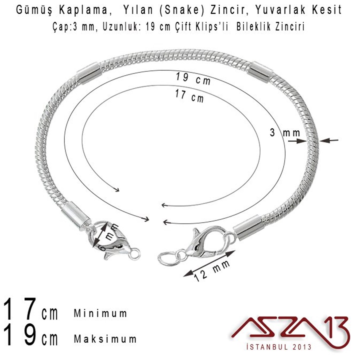 Gümüş Kaplama 19 cm - 3,0 mm Pirinç Yuvarlak Yılan Tip, Çift Klipsli Bileklik Zinciri