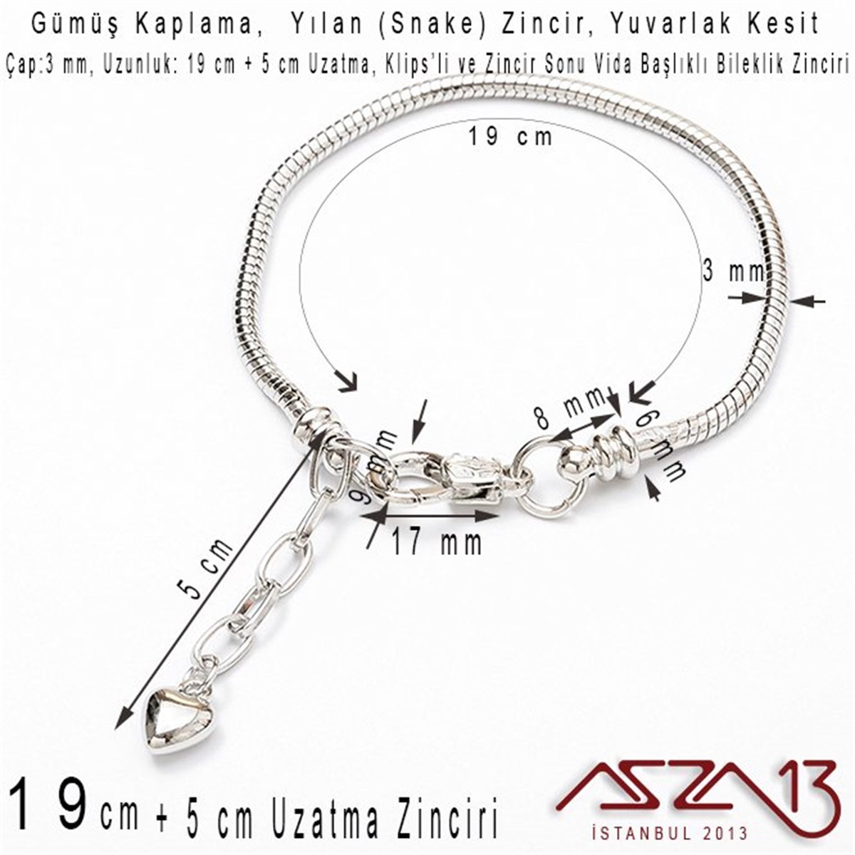 Gümüş Kaplama 19+3 cm - 3,0 mm Pirinç Yuvarlak Yılan Tip, Klipsli Bileklik Zinciri