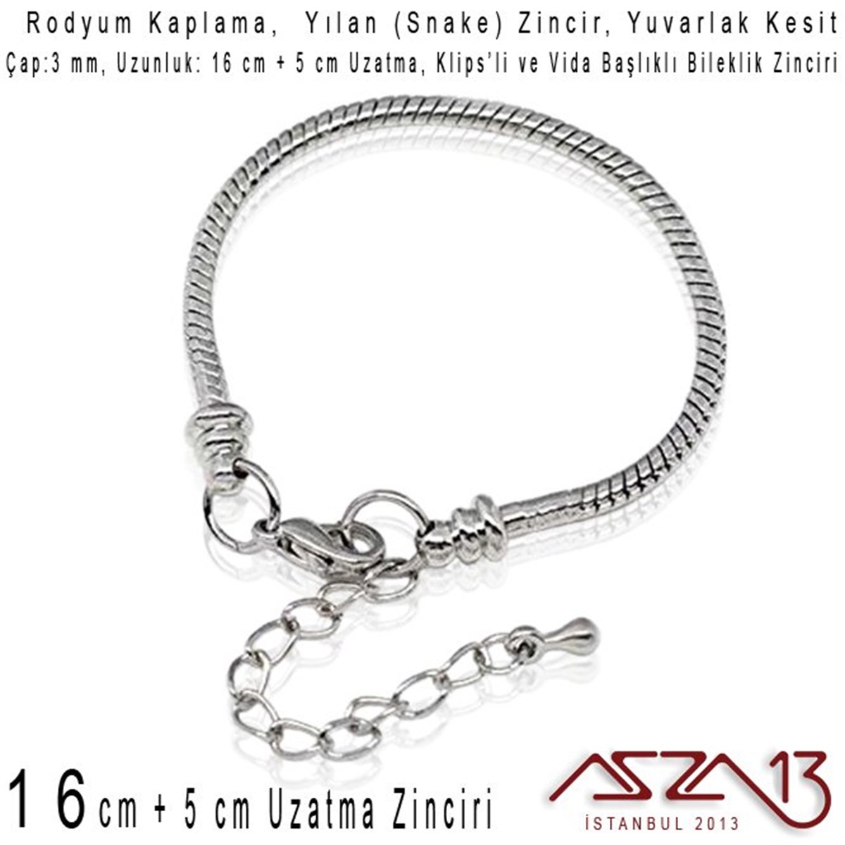 Rodyum Kaplama 16+5 cm - 3,0 mm Pirinç Yuvarlak Yılan Tip, Klipsli Bileklik Zinciri