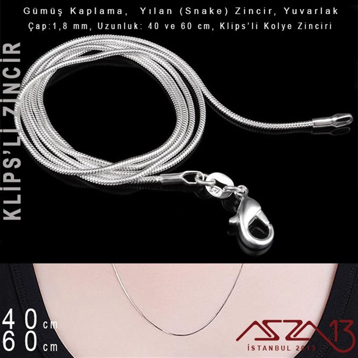 Gümüş Kaplama 40 cm - 1,8 mm Pirinç Yılan Tip, Klipsli Kolye Zinciri
