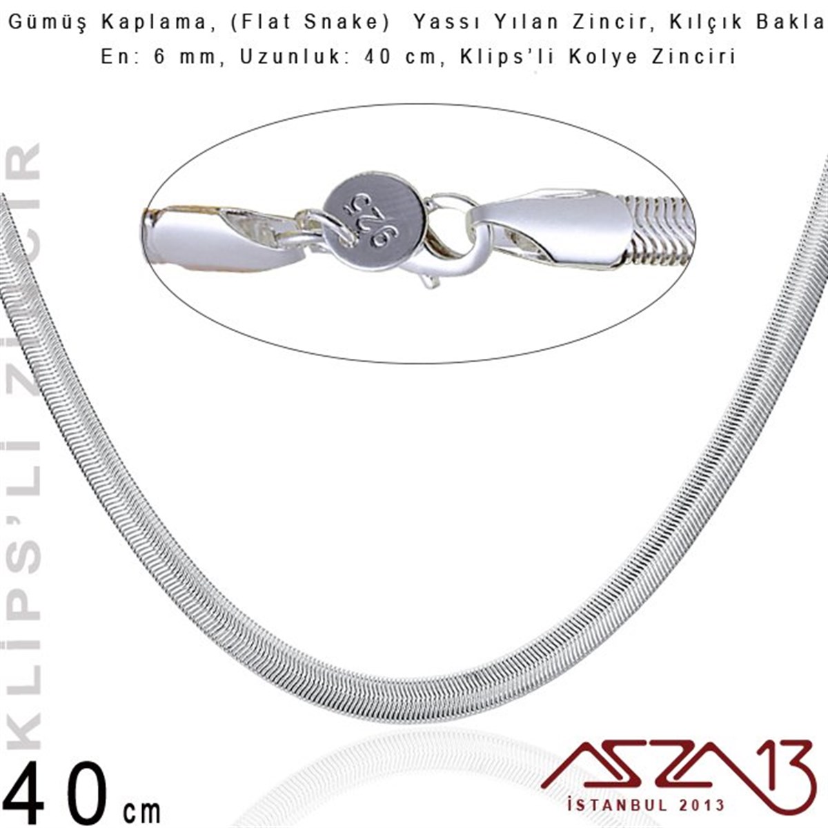 Gümüş Kaplama 40 cm - 6 mm Pirinç Yassı Yuvarlak Yılan, Klipsli Kolye Zinciri
