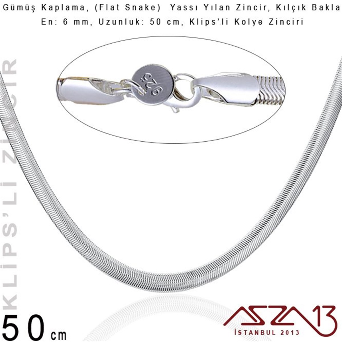 Gümüş Kaplama 50 cm - 6 mm Pirinç Yassı Yuvarlak Yılan, Klipsli Kolye Zinciri