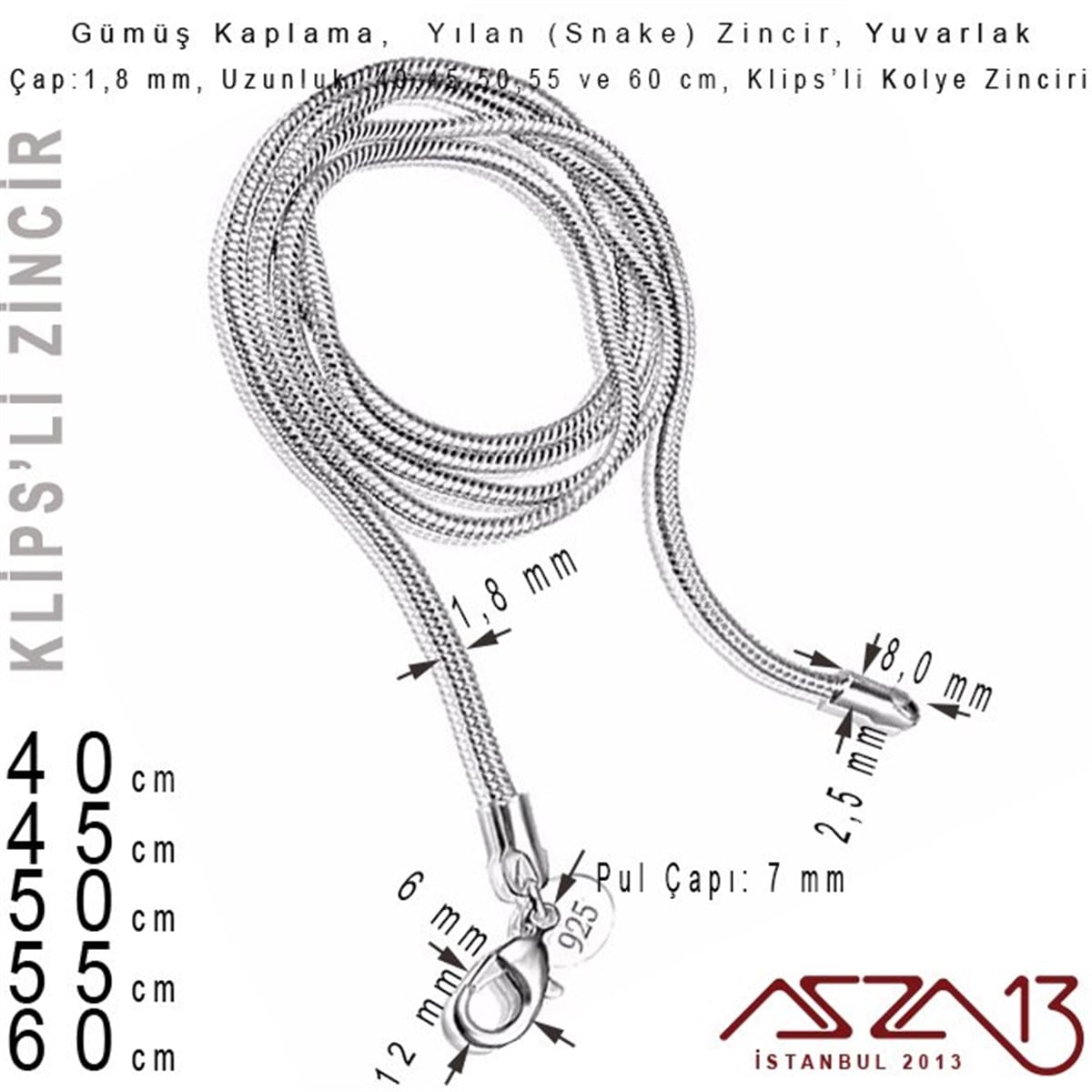 Gümüş Kaplama 40 cm - 1,8 mm Pirinç Yılan Tip, Klipsli Kolye Zinciri