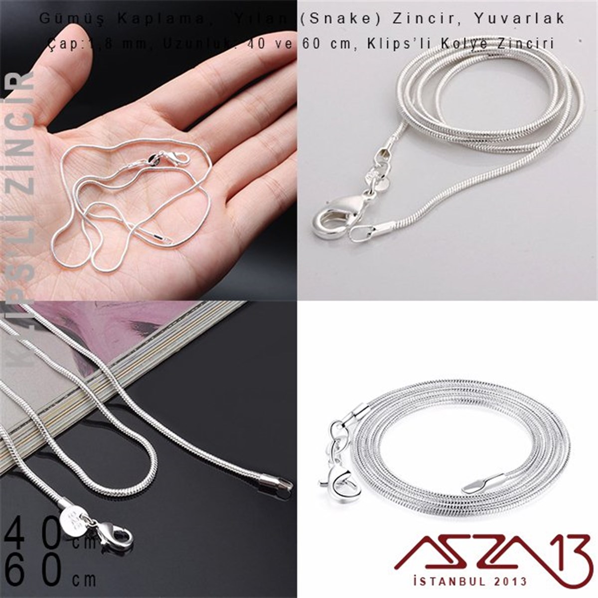 Gümüş Kaplama 40 cm - 1,8 mm Pirinç Yılan Tip, Klipsli Kolye Zinciri