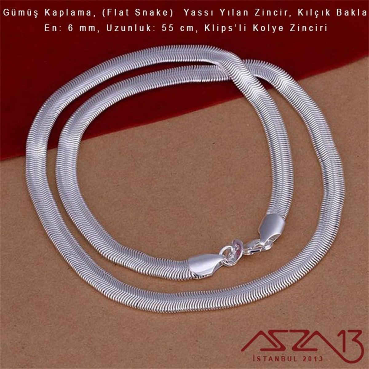 Gümüş Kaplama 55 cm - 6 mm Pirinç Yassı Yuvarlak Yılan, Klipsli Kolye Zinciri