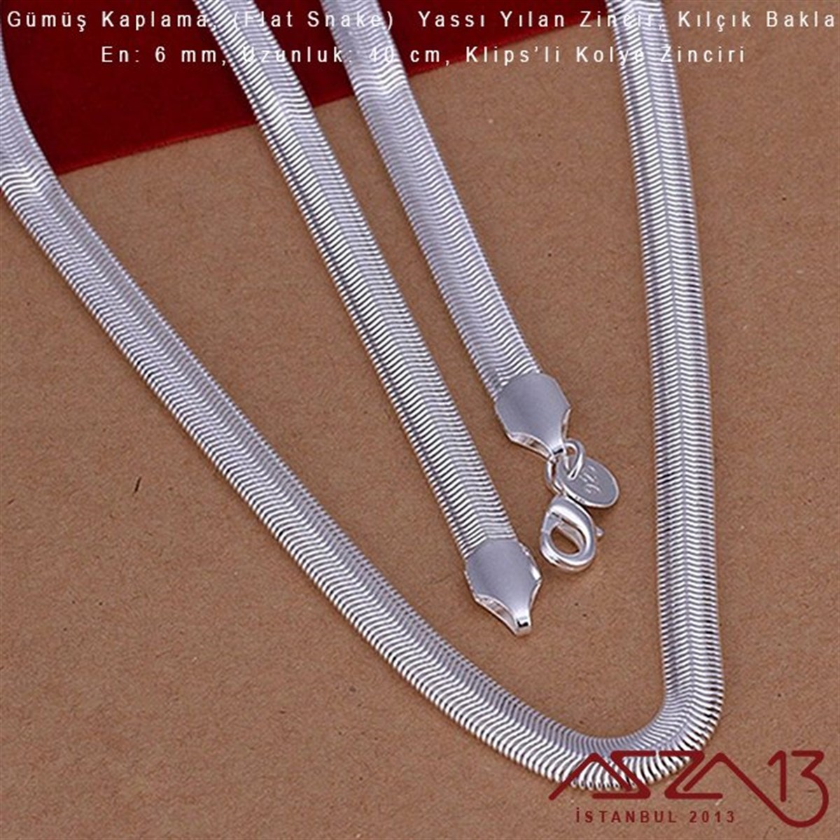 Gümüş Kaplama 40 cm - 6 mm Pirinç Yassı Yuvarlak Yılan, Klipsli Kolye Zinciri