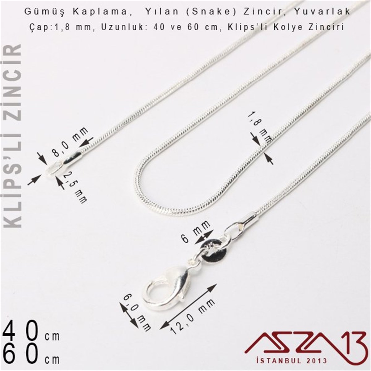 Gümüş Kaplama 40 cm - 1,8 mm Pirinç Yılan Tip, Klipsli Kolye Zinciri