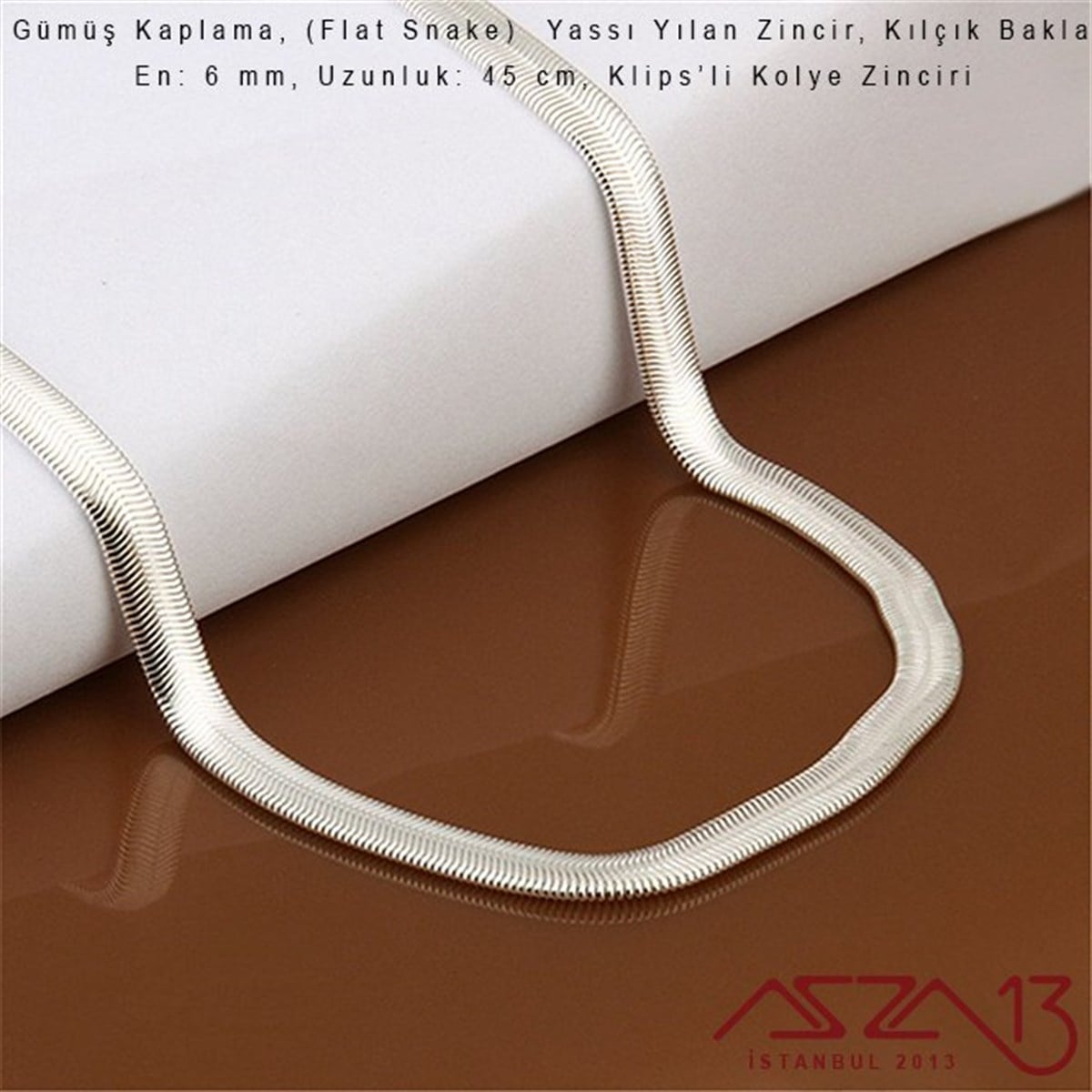 Gümüş Kaplama 45 cm - 6 mm Pirinç Yassı Yuvarlak Yılan, Klipsli Kolye Zinciri