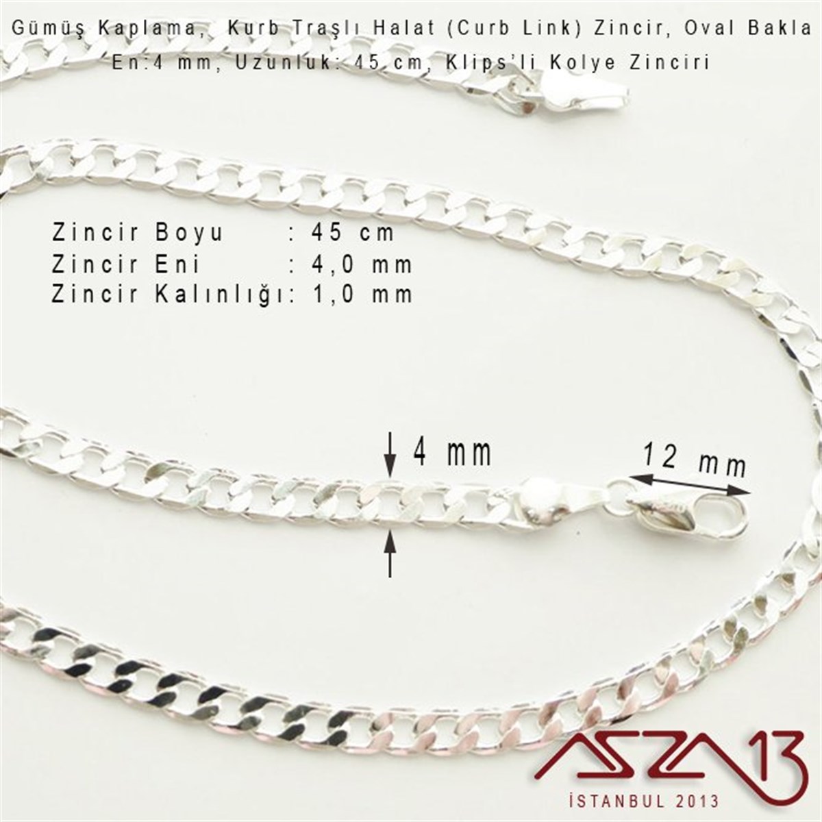 Gümüş Kaplama 45 cm - 4,0 mm Pirinç Traşlı Halat Tip, Klipsli Kolye Zinciri