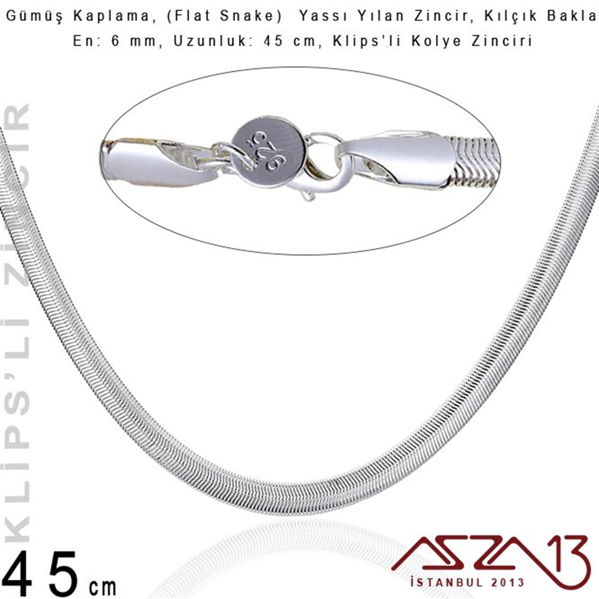 Gümüş Kaplama 45 cm - 6 mm Pirinç Yassı Yuvarlak Yılan, Klipsli Kolye Zinciri